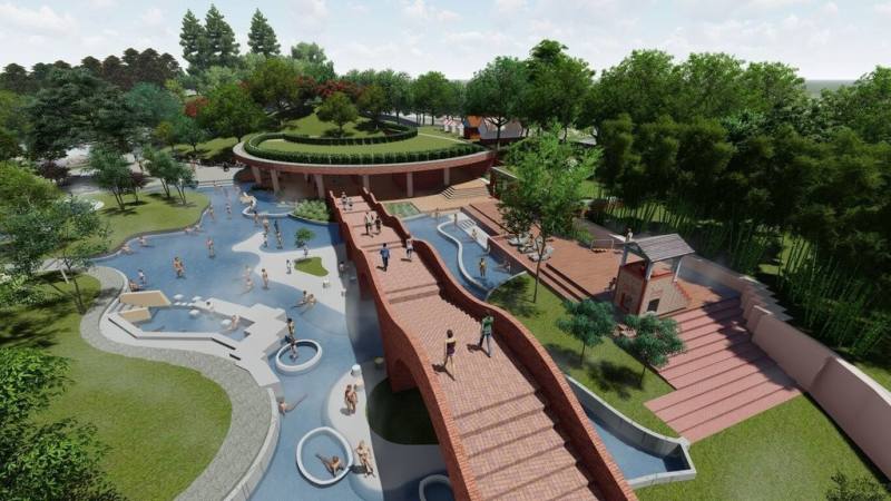 為活化冬山河親水公園觀光效益，宜蘭縣政府110年於當地探測到溫泉資源後，向中央爭取到建設經費補助，將打造為泡湯、泡腳及煮蛋的溫泉園區，屆時可容納150名至200名遊客使用。圖為模擬圖