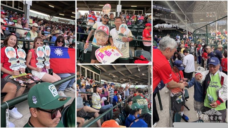 (右圖) 駐紐約辦事處處長李志強(左)問候費城趕來的僑務諮詢委員謝己(右)、僑民觀賽現場