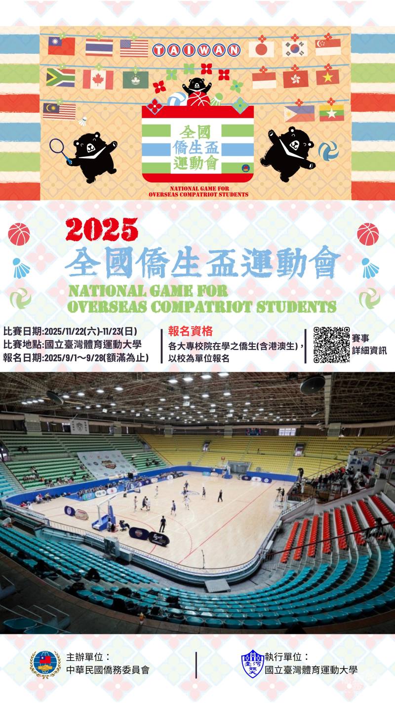 首度辦理的「2025年全國僑生盃運動會」將於114年11月22日、23日在國立臺灣體育運動大學舉行，9月1日起開放報名