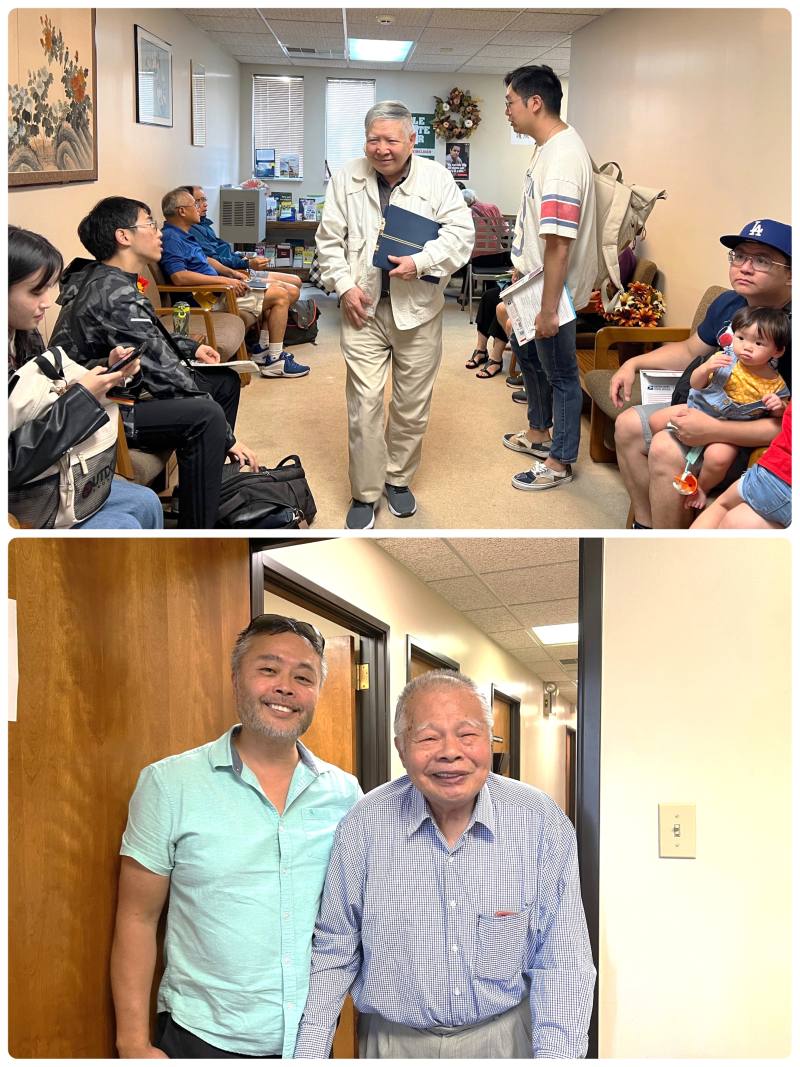 上圖：資深鄉親許擇基辦好護照送件，開心地返家，下圖：資深鄉親林富田由兒子陪同辦妥護照送件，父子笑容滿面