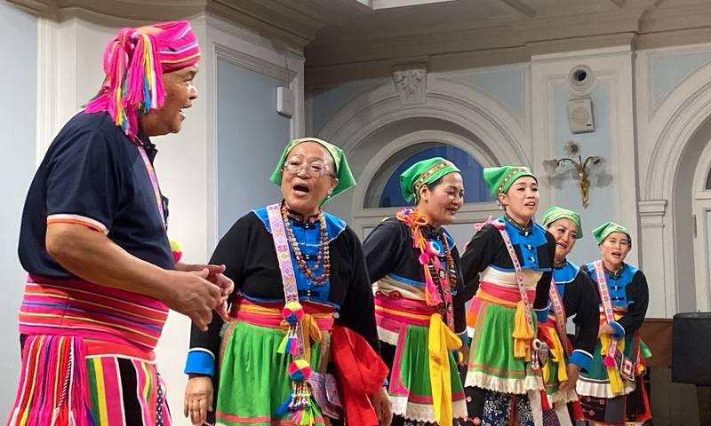 Chu-Yin Culture and Arts Troupe of Taiwan’s Amis tribe presents the traditional Amis “macacadaay” melody at the Moscow Conservatory in Russia on Saturday. CNA photo Aug. 30, 2025