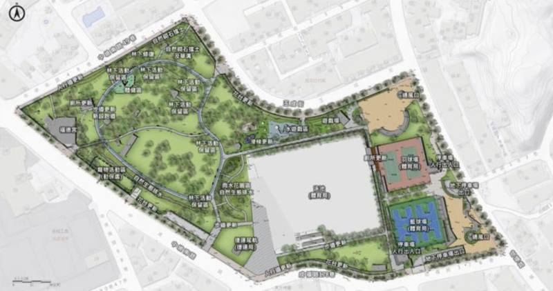 台北市南港區玉成公園部分設施老舊，公園處表示，預計年底完成設計、115年整體更新。設計的核心理念為多元共融，將打造讓長輩、親子、青少年都能共享共融的公共空間。圖為示意圖。（台北市公園處提供）