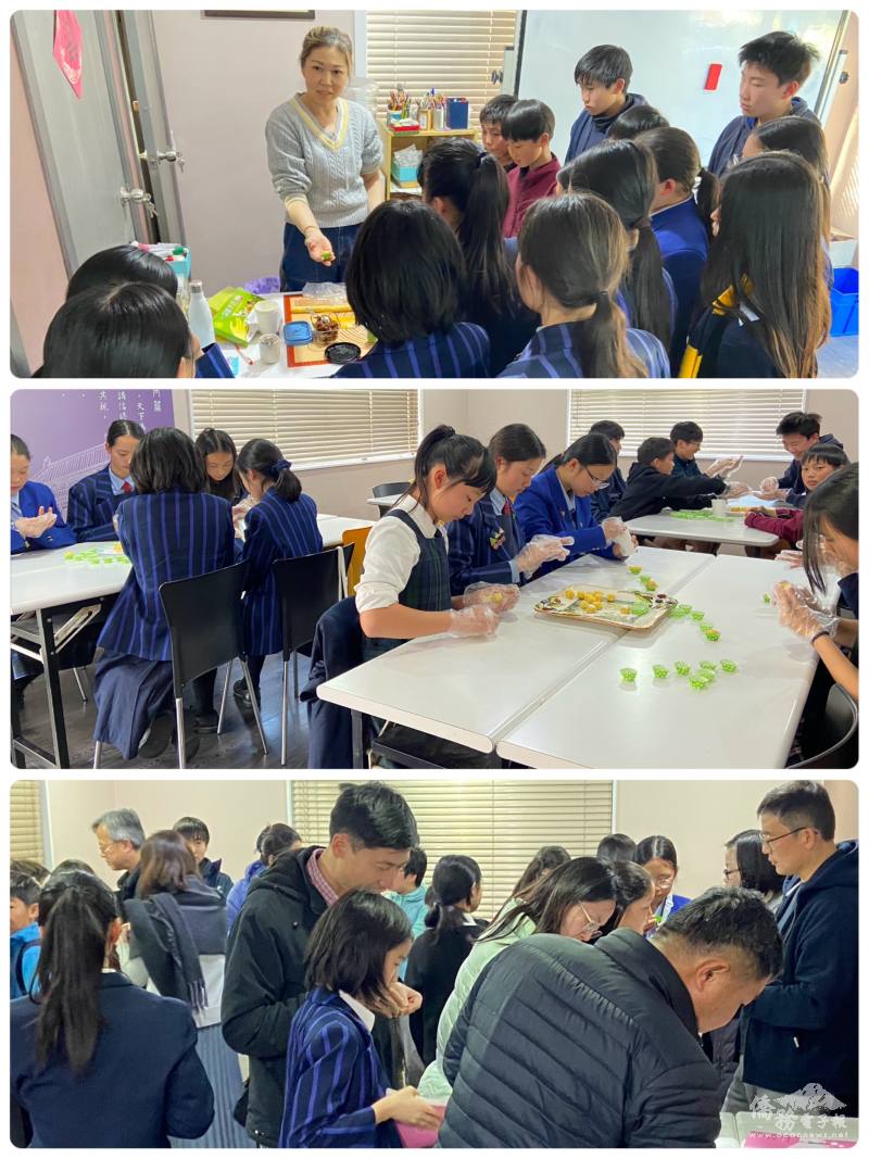海外民俗文化種子教師研習活動， 杜月云老師教學生製作鳳梨酥（上圖）、 學生們動手製作（中圖）、邀請家長一起品嚐孩子們製作的鳯梨酥及參觀學生作業（下圖）