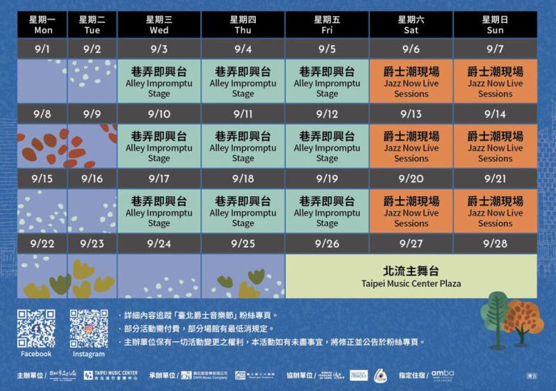 2025台北爵士音樂節3日將開跑，活動主題為「Jazz Everywhere 爵士無所不在」，並規劃3大演出主軸，包含「巷弄即興台」、「爵士潮現場」與「北流主舞台」。（台北市文化局提供）