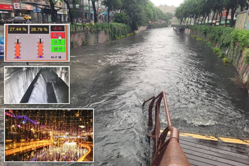 新北市水利局3日表示，透過人工智慧防汛平台，能夠即時監控與掌握水情，節省時間提前預防。圖為新莊區中港大排，結合智慧防汛平台遠端操作。（新北市府水利局提供）