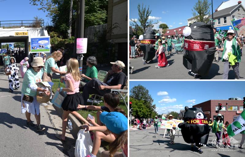 (左) 花語社義工與市民互動，(右) 臺灣同鄉會大黑熊成矚目焦點