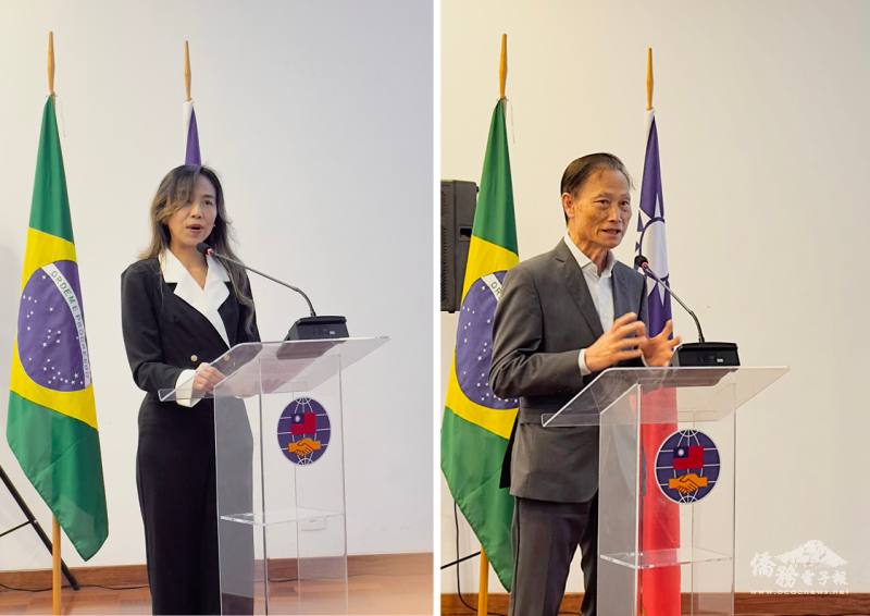 駐聖保羅辦事處處長朱怡靜（左）與巴西臺灣商會會長葉倫群（右）先後致詞