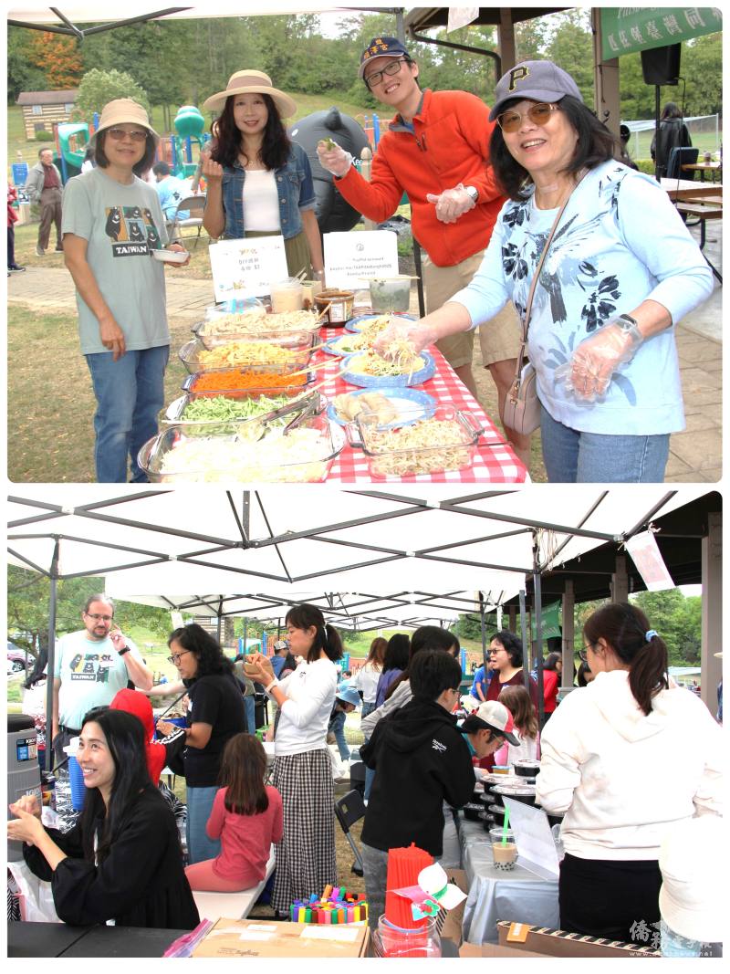 上圖：備料豐富的潤餅攤，下圖：熱鬧的臺灣美食攤及遊戲攤