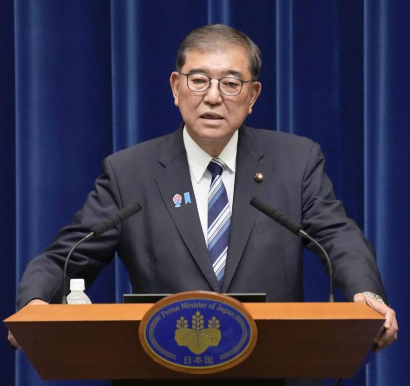 日本首相石破茂7日晚間召開記者會宣布辭職。（共同社）