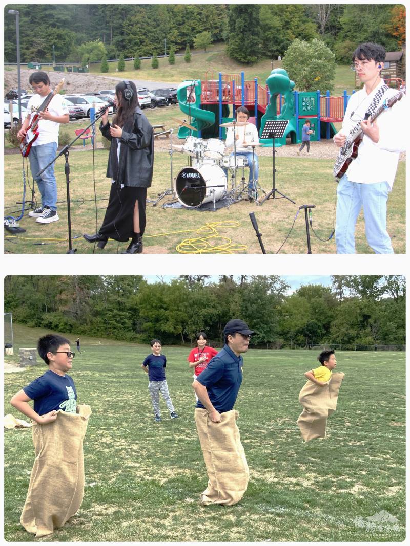 上圖：犀牛牛仔褲樂團表演，下圖：親子皆宜的跳布袋