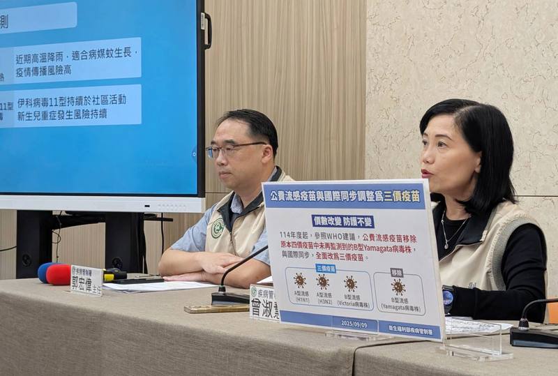 疾管署發言人曾淑慧（右）9日表示，疾管署依循世界衛生組織（WHO）建議辦理流感疫苗採購作業，並經評估國內外3價流感疫苗許可證取得及廠商供貨情形，今年全面採購3價流感疫苗，與先進國家一致。