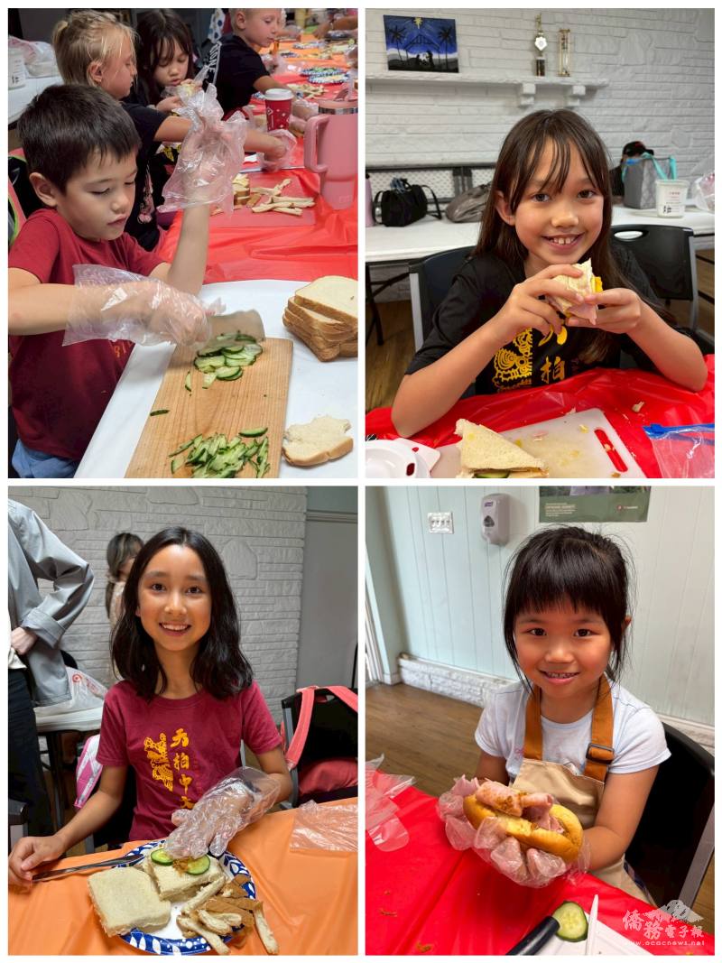 學生們認真切菜，準備美味三明治