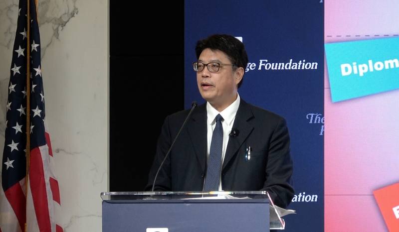 Mainland Affairs Council Minister Chiu Chui-cheng speaks at a forum in Washington on Friday. CNA photo, Sept. 13, 2025