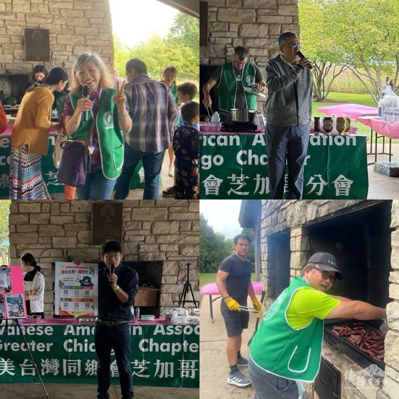 李秀玲致歡迎詞、類延峰致詞、蔡季穎宣傳僑委會六大社群平臺、僑務委員邱垂洸烤香腸服務鄉親(依序左上至右下)