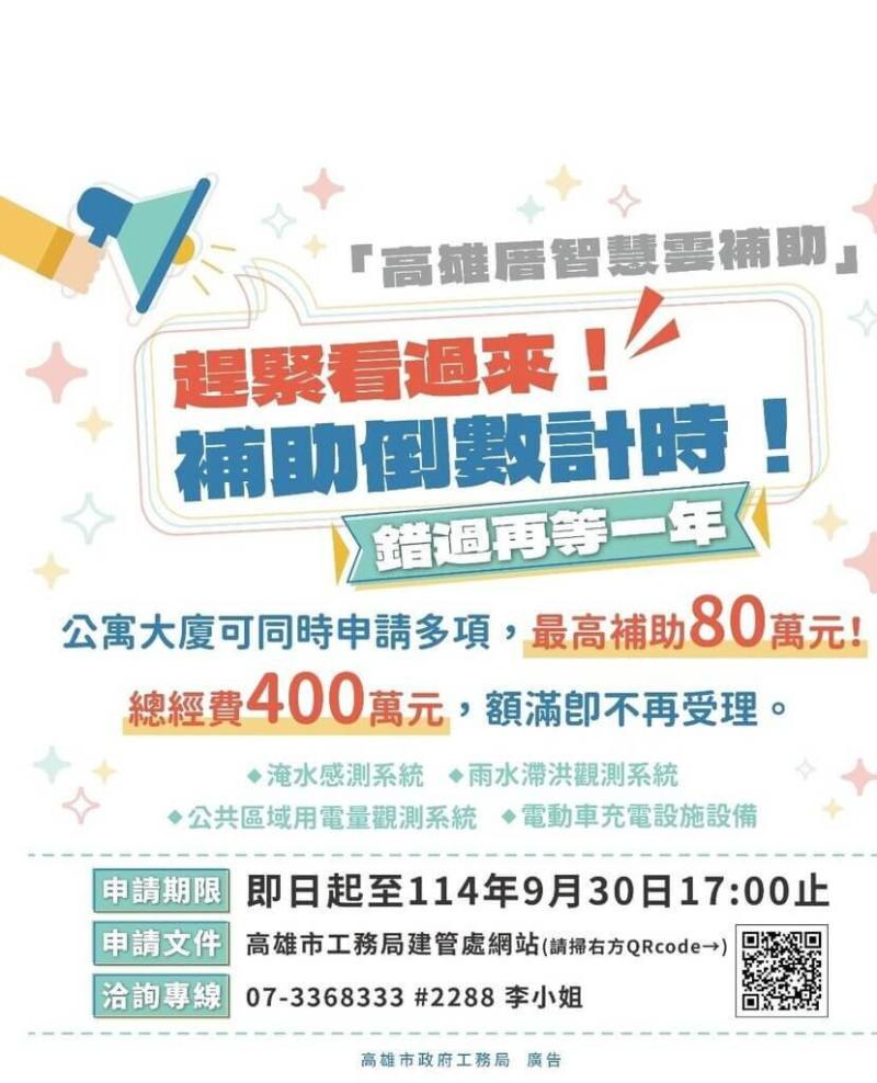 高雄市工務局推動 「114年度高雄厝智慧雲補助計畫」，申請受理至9月30日。（高雄市工務局提供）