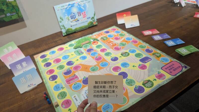 失智老人基金會引入「生命智慧」桌遊，設計為2張地圖，第1階段會透過問題，讓長輩回憶童年、青少年時期，又如何經過壯年走到老年；第2階段再引導長輩思考如何整合自己的生命。