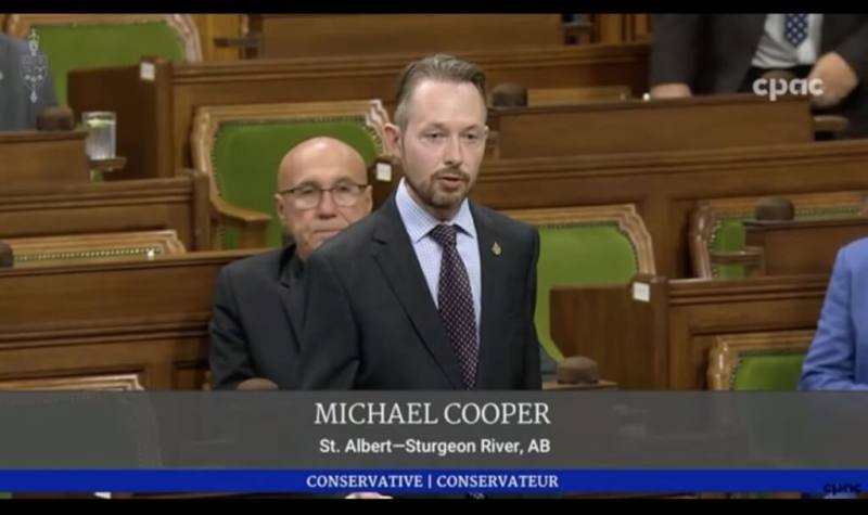 加拿大聯邦眾議員古柏（Michael Cooper）17日在眾院發表聲明，挺台參與國際民航組織（ICAO）第42屆大會。（圖片取自加拿大有線公共事務頻道網頁cpac.ca）
