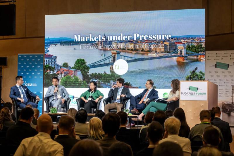 駐匈牙利代表王翼龍（左2）17日應邀出席第五屆「布達佩斯論壇」，在論壇中指出台灣高階晶片市佔率超過90%，且半數國際貿易經過台灣海峽，中國以武力與法律戰干擾此重要全球供應鏈，影響世界經濟層面廣泛。（駐匈牙利代表處提供）