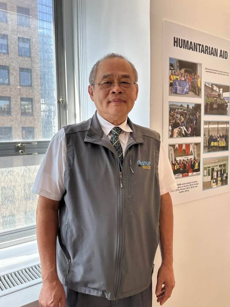 世台會董事暨執行長林鋕銘在紐約總部接受中央社專訪，回顧全球善行與參與聯合國全球慈善事務