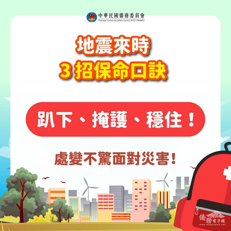 遭遇地震時，謹記「趴下、掩護、穩住」的保命口訣，將傷害降到最低
