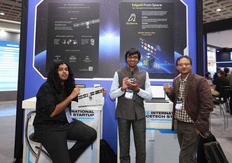 Indian start-ups in the space industry are showcasing their innovations at an aerospace and defense technology exhibition that opened in Taipei. CNA photo Sept. 18, 2025