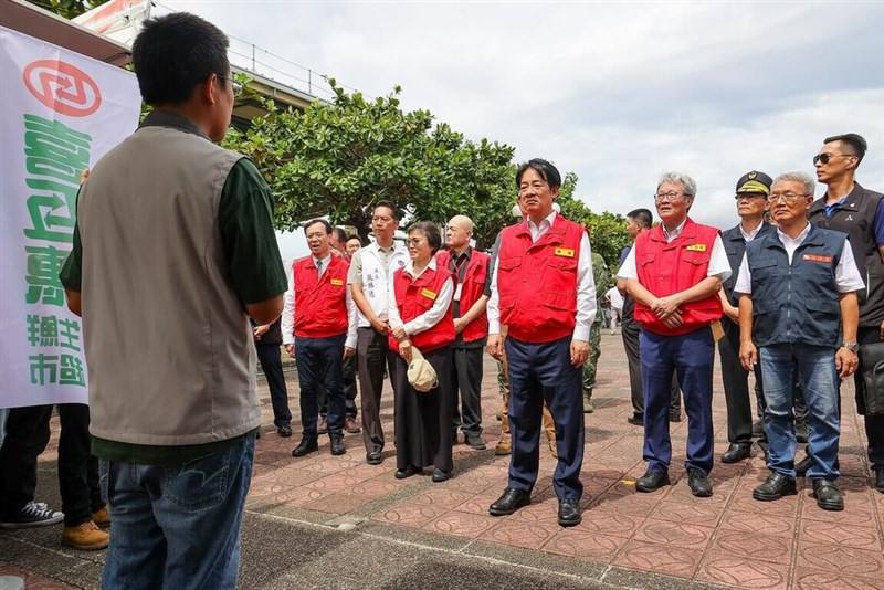 President Lai Ching-te (3rd from front right) listens to a briefing while inspecting the National Disaster Prevention Day exercises in Yilan County on Friday. Photo courtesy of the Yilan County government Sept. 19, 2025
