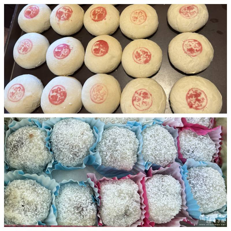 同鄉會理事團隊連日準備的綠豆椪（上）與客家麻糬（下）