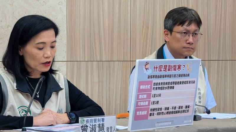 衛福部疾管署防疫醫師林詠青（右）23日說明國內今年首例副傷寒病例，為20多歲非本國籍男性，來台後於8月下旬出現症狀，因潛伏期間皆在台灣，研判為本土病例