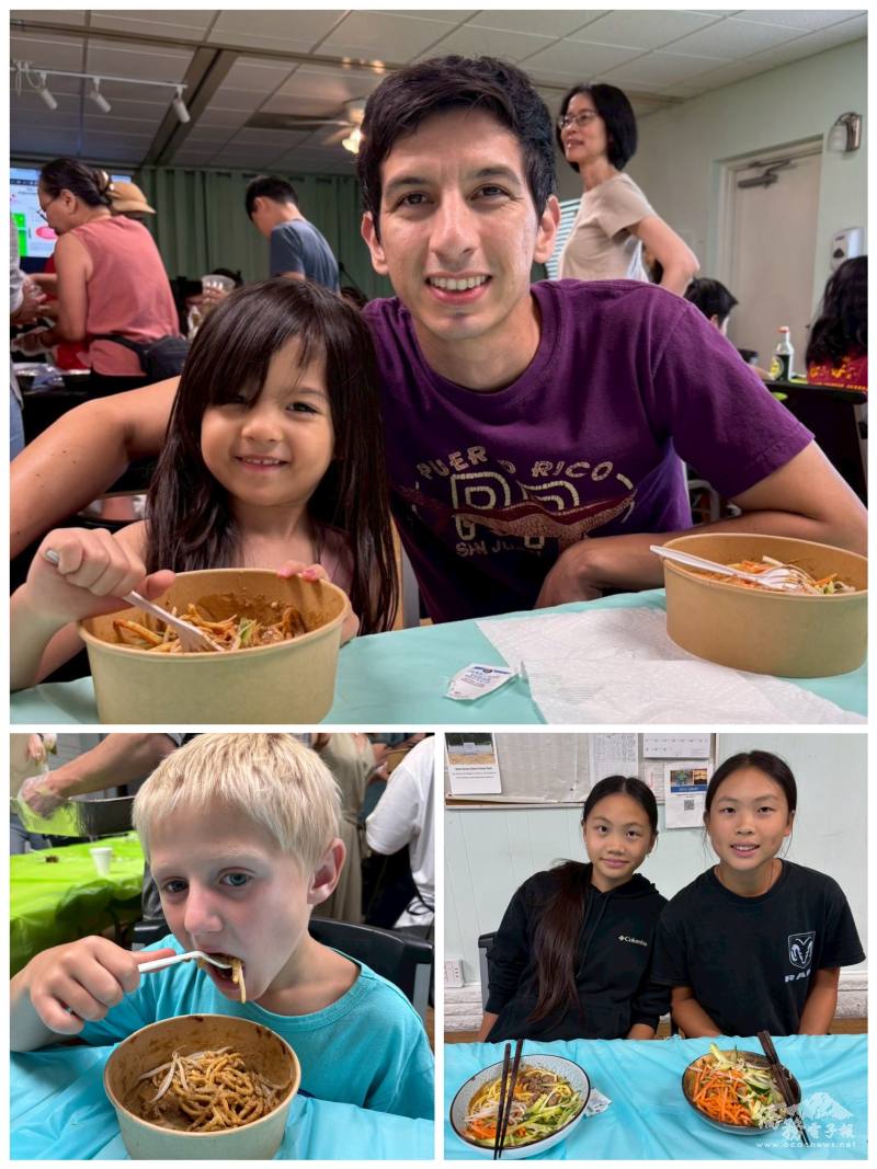 學生迫不及待大口品嚐自己做的麻醬麵