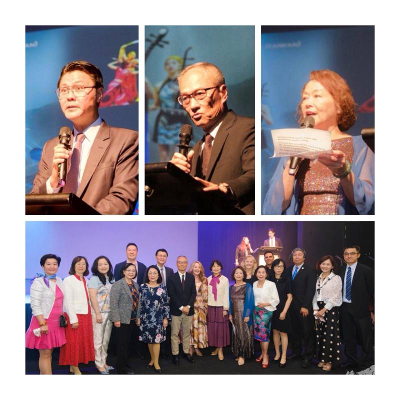 貴賓致詞與合影（駐布里斯本辦事處處長范厚祿、團長吳新興、主辦單位昆士蘭臺僑團體聯合會祕書長姜如霞）