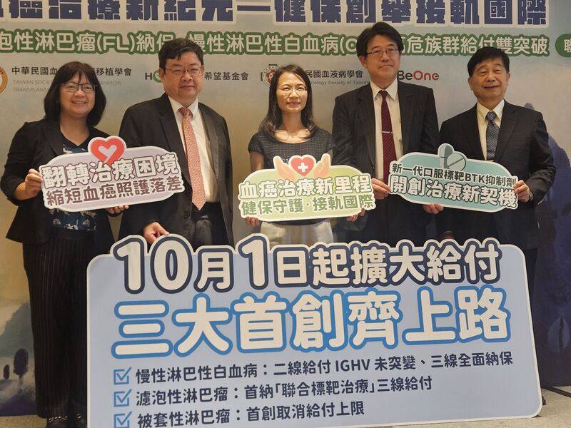 健保推動3大適應症給付，將新一代口服標靶BTK抑制劑擴及濾泡性淋巴瘤、慢性淋巴性白血病、被套細胞淋巴瘤，10月1日正式上路。