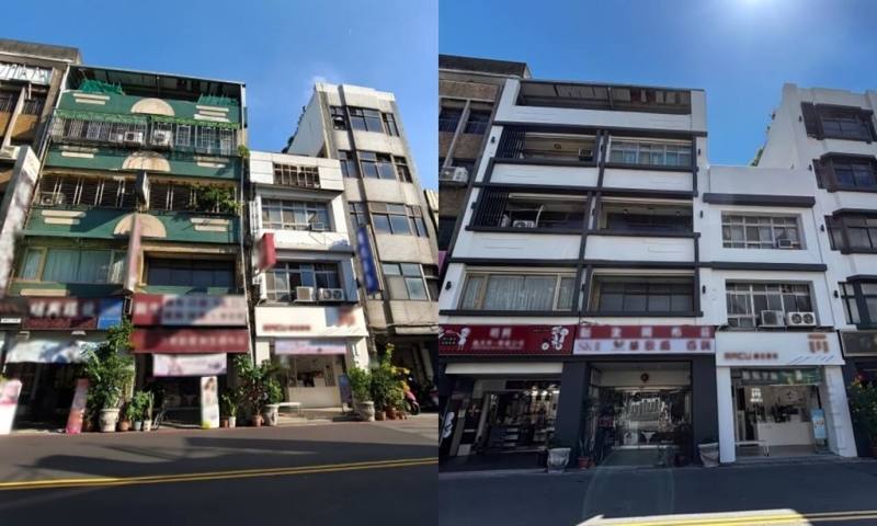 新北市老舊建物整建維護補助新法上路，放寬同意門檻且提高補助比率。都更處舉例，樹林火車站前老屋過去外牆磁磚剝落、管線凌亂（左圖），立面修繕完工後華麗變身（右圖）。（新北市都更處提供）