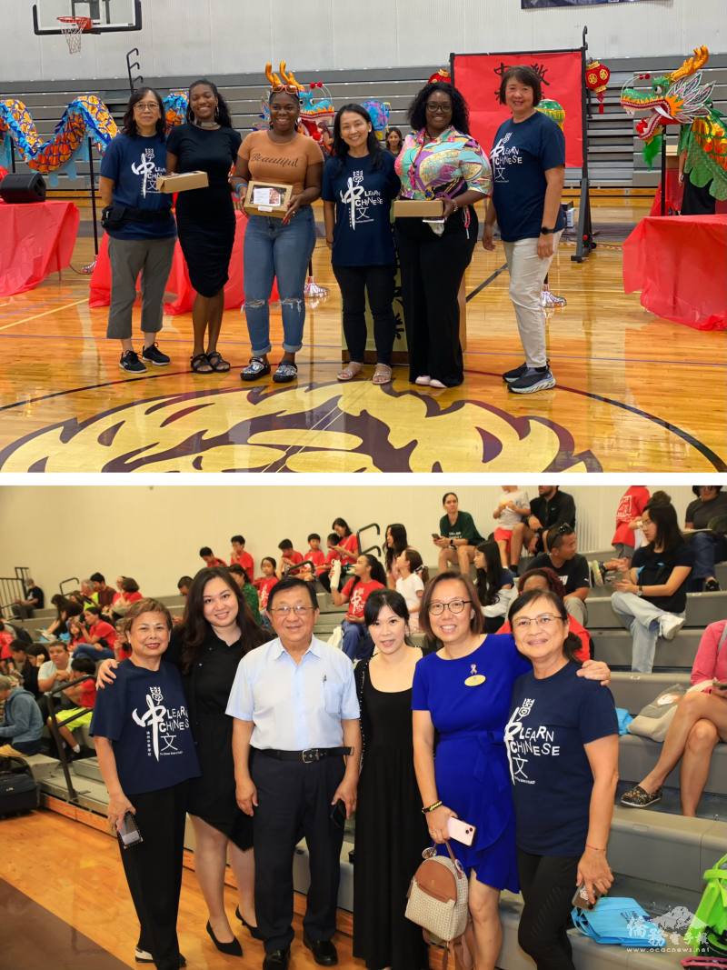 (上圖)中佛州中華學校校長林定平(右3), OCPS ACE校長 Pender(左3)合影；(下圖)僑務顧問高健智(左3)臺灣同鄉會會長簡雅嵐(中)橘郡市長特別助理Shally Wong(右2)合影