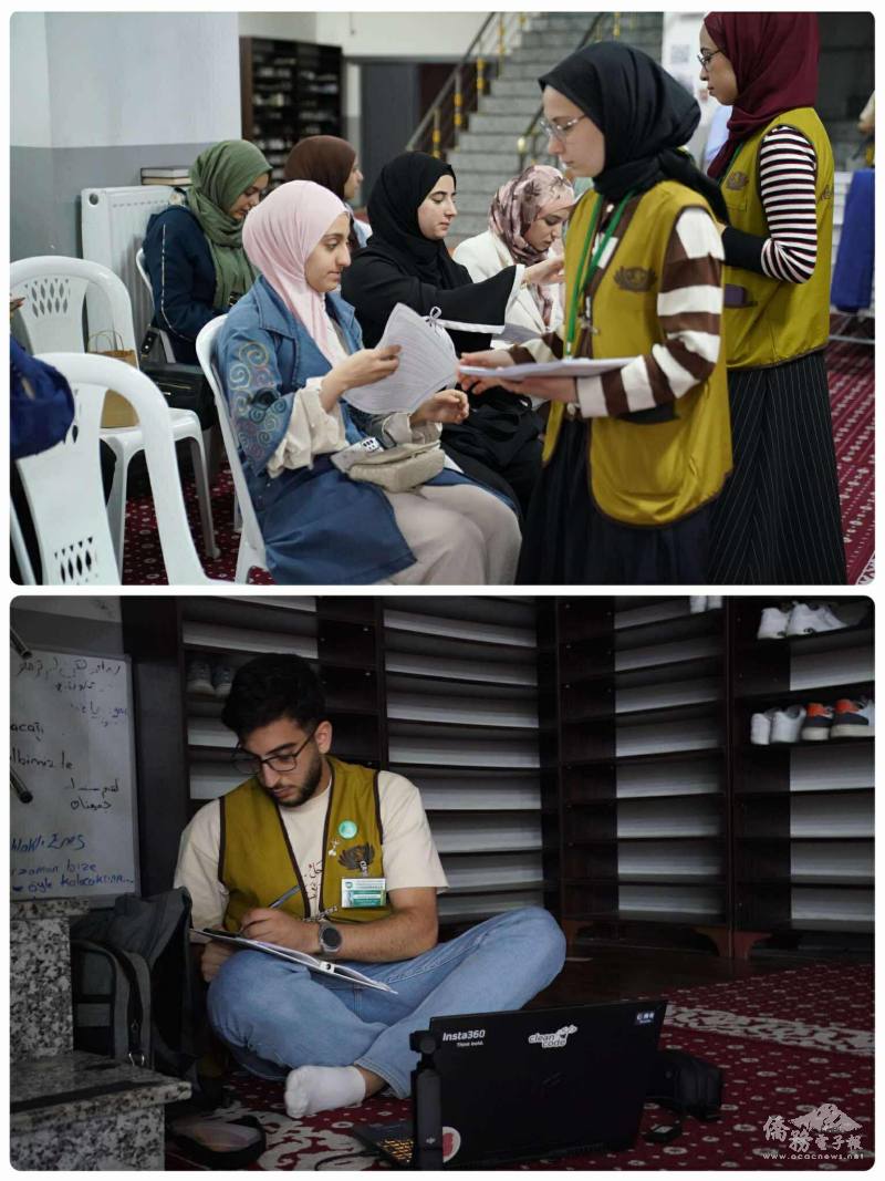 上圖：志工協助學生完成簽到與表單登記，確保會議流程順利；下圖：志工在會場一隅專注記錄，為活動留下完整的紀錄資料