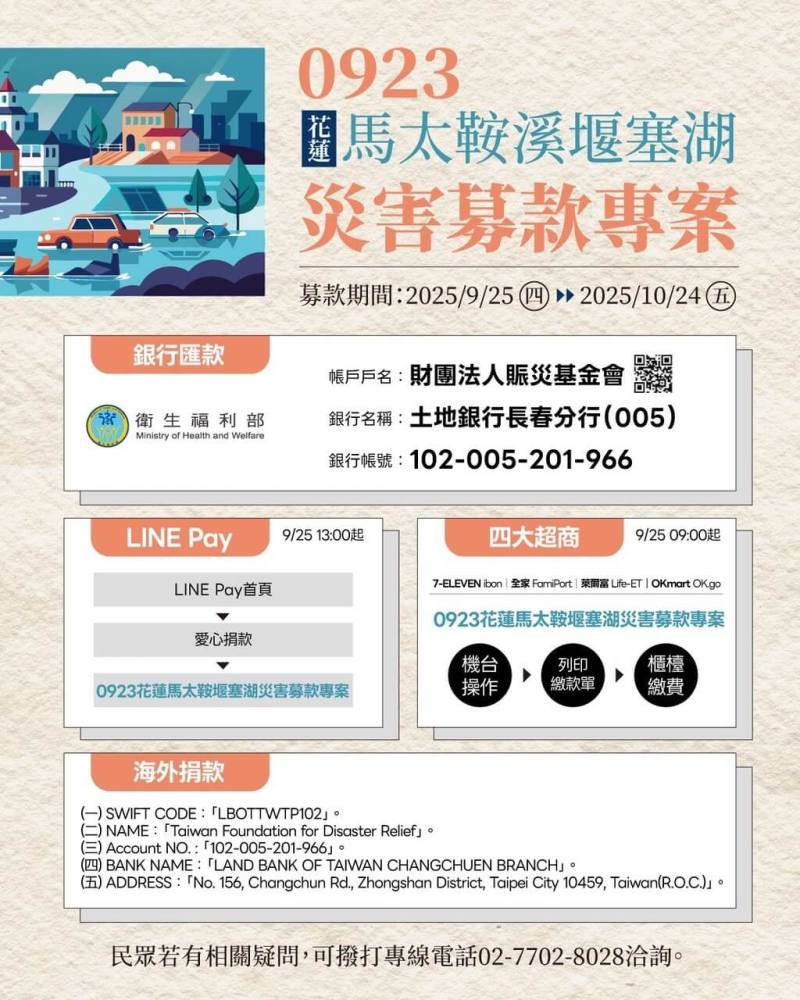 衛福部「0923花蓮馬太鞍溪堰塞湖災害募款專案」詳細資訊。（圖取自衛福部LINE官方帳號）