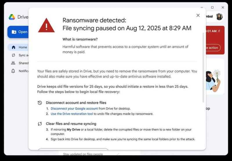 Google於1日宣布雲端硬碟電腦版推出由人工智慧（AI）驅動的全新資安功能，能偵測勒索軟體的異常行為，自動中止檔案同步至雲端，以保護雲端資料安全。（Google提供）