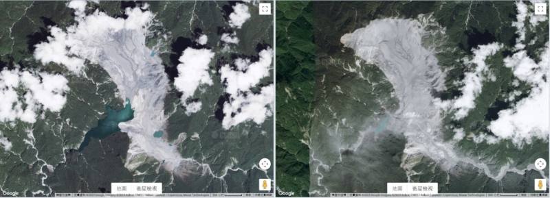 圖為馬太鞍溪堰塞湖溢流前後對比衛星圖。（國立中央大學太空及遙測研究中心提供／©CSRSR/CNES, 2025- Pleiades影像）
