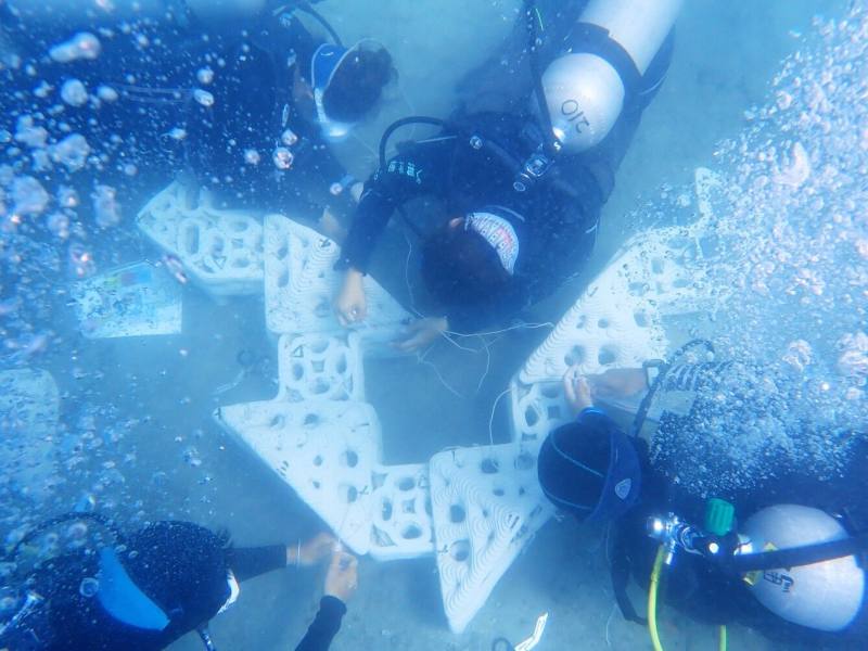 循環澎湖跨域創新團隊將廢棄砂砱轉換為3D列印循環生態礁，並實際於澎湖2處海域完成共6組不同造型礁體投放試驗