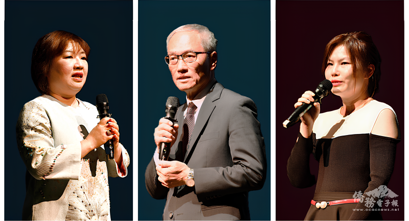 中：團長僑委會前委員長吳新興博士問候鄉親並介紹訪問團。左：辦事處處長陳詠韶致歡迎詞。右：華夏協會理事長林涵婷致謝詞。