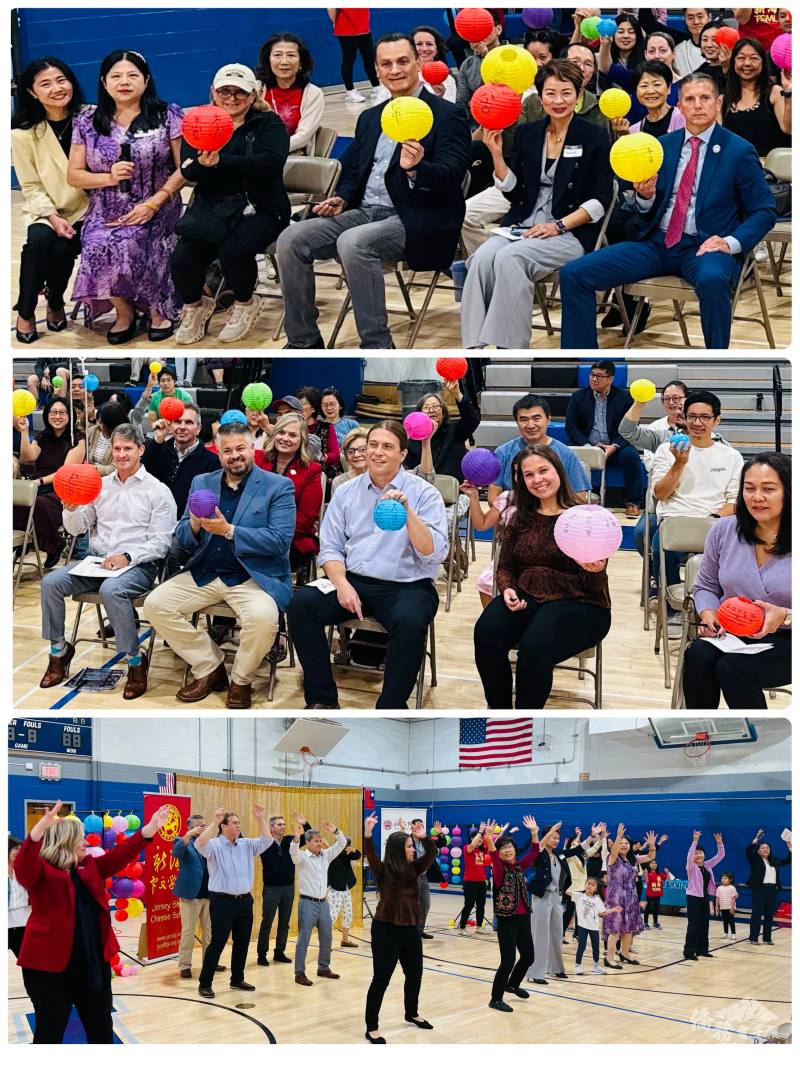 (上、中）貴賓們在燈籠上揮毫，共同體驗書法之美；（下）老師趙君宜帶領貴賓一同跳快閃舞蹈《高山青》