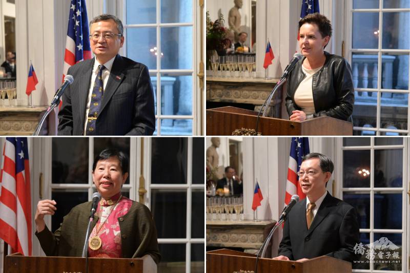 （左上圖）駐芝加哥辦事處處長類延峰、（右上圖）波蘭駐芝加哥總領事Regina Jurkowska、（左下圖）前全球國際外科學會理事長關皚麗醫師及（右下圖）國際外科學會中華民國總會理事長陳錦國致詞
