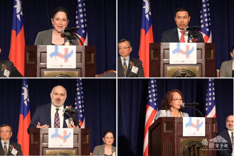 (左上圖) 伊利諾州審計長Susana Mendoza、(右上圖) 印第安納州州務卿Diego Morales、(左下圖) 威斯康辛州財長John Leiber及 (右下圖) 芝加哥中華會館主席項邦珍致詞