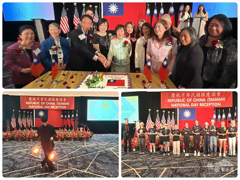 上圖為貴賓們齊切蛋糕，下圖為表演節目扯鈴表演及合唱〈月亮代表我的心〉