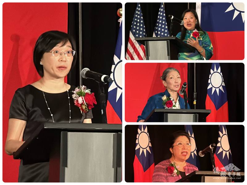 左為駐西雅圖辦事處處長林美呈致詞，右上至下為華盛頓州眾議員My Linh Thai、Sharon Tomiko Santos、Cindy Ryu