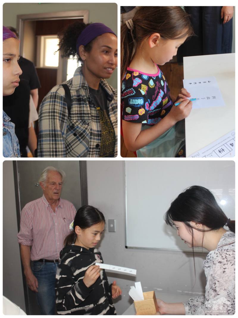 (左上)欣賞完「美食看臺灣」一起準備闖關回答問題；(右上)孩子思考「中文字的演變」，父母在旁一起學習；(下)爸爸陪孩子一起說出中文的「四個聲調」