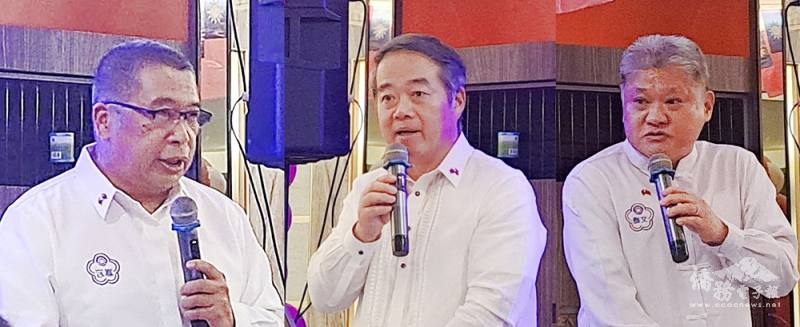 大會主席蔡仁宏（左）、駐菲律賓代表處大使周民淦（中）及菲華文經總會常務委員莊杰森僑務顧問（右）致詞祝賀雙十國慶