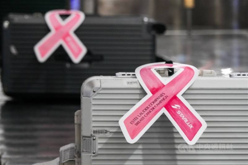 醫籲家屬陪伴打造抗乳癌雙塔。圖為航空公司等宣導乳癌防治，為旅客行李繫上巨大紙製粉紅絲帶。（中央社檔案照片）