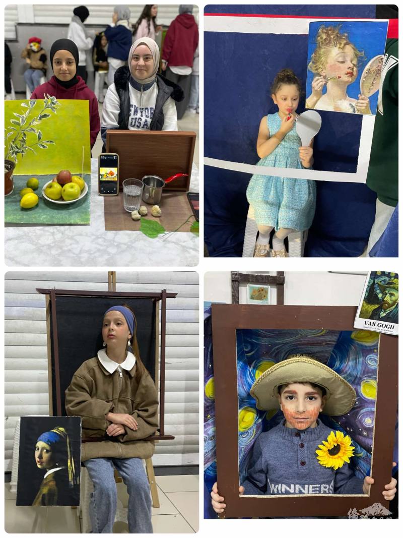 滿納海學校學生創意重現世界名畫，左上《蘋果與檸檬》、右上《女孩對鏡化妝》、左下《戴珍珠耳環的少女》、右下《梵谷自畫像》
