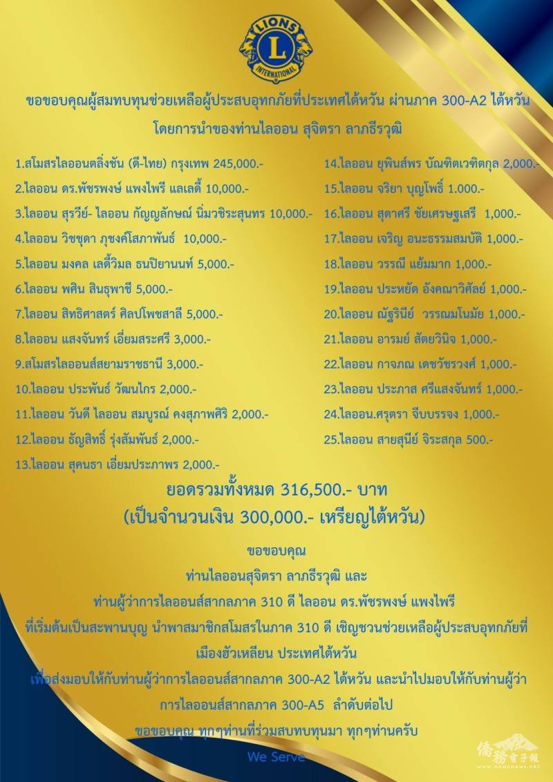 曼谷大玲昌獅子會與泰國國際獅子會310D區捐助花蓮馬太鞍災後善款