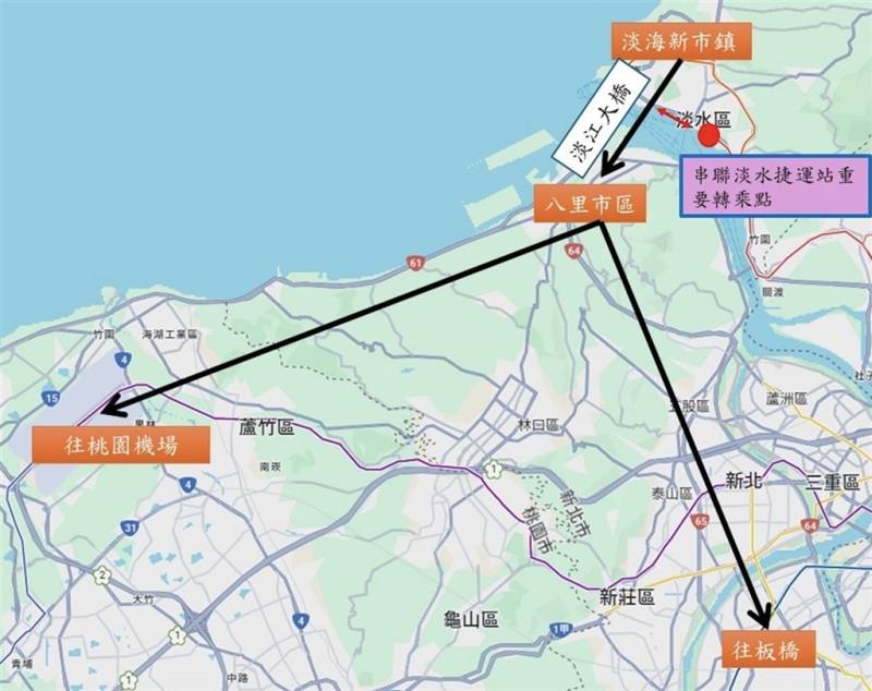 淡江大橋預計115年5月通車。新北市政府交通局規劃3條公車路線，串聯淡水、八里與桃園機場、板橋市區等主要生活圈。圖為3條新公車路線示意圖。 （新北市交通局提供）